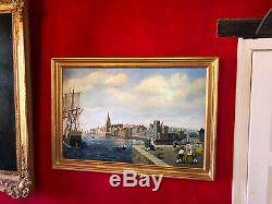 Oil On Board Signed 1900s English Harbor Gilt Wood Frame