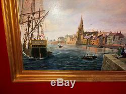 Oil On Board Signed 1900s English Harbor Gilt Wood Frame