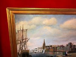 Oil On Board Signed 1900s English Harbor Gilt Wood Frame