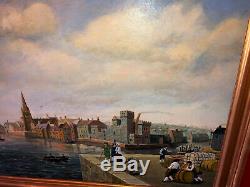 Oil On Board Signed 1900s English Harbor Gilt Wood Frame