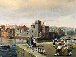 Oil On Board Signed 1900s English Harbor Gilt Wood Frame