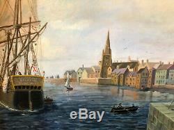 Oil On Board Signed 1900s English Harbor Gilt Wood Frame