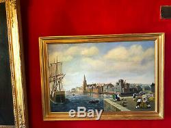 Oil On Board Signed 1900s English Harbor Gilt Wood Frame