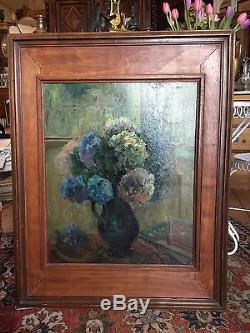 Oil On Canvas - Bouquet Of Hydrangeas Wooden Frame