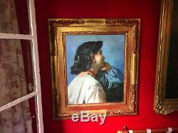 Oil On Canvas Late Nineteenth Portrait Of Pensive Lady Beautiful Gilt Wood Frame