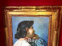 Oil On Canvas Late Nineteenth Portrait Of Pensive Lady Beautiful Gilt Wood Frame