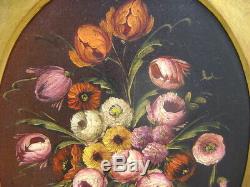 Oil On Canvas Nineteenth Century Bouquet Of Flowers Signed Golden Wood Frame