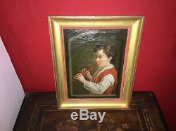Oil On Canvas Nineteenth Time The Flute Player Gilt Wood Frame
