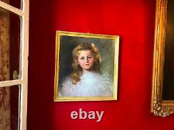 Oil On Canvas Of The 19th Century Portrait Of Little Girl Golden Wooden Frame