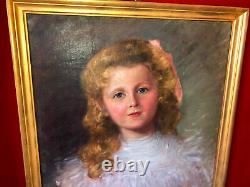 Oil On Canvas Of The 19th Century Portrait Of Little Girl Golden Wooden Frame