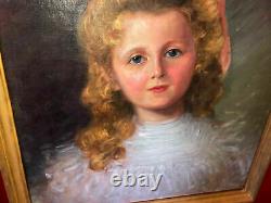 Oil On Canvas Of The 19th Century Portrait Of Little Girl Golden Wooden Frame