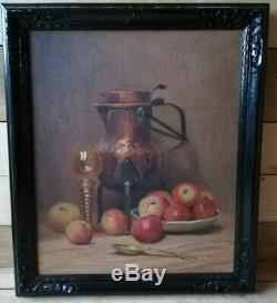 Oil On Canvas Painting French School Still Life With Fruit Wood Frame