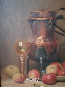 Oil On Canvas Painting French School Still Life With Fruit Wood Frame