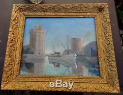 Oil On Canvas Port Of La Rochelle Frame Golden Wood Signed Leonard 38