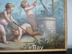 Oil On Canvas Putti Children Gardener 18 Century Frame Wood Dore