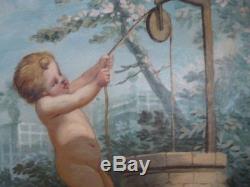 Oil On Canvas Putti Children Gardener 18 Century Frame Wood Dore