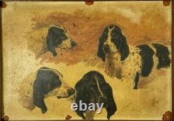 Oil On Cardboard 4 Hunting Dogs 1900 Natural Wood Frame B3018