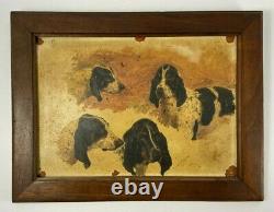 Oil On Cardboard 4 Hunting Dogs 1900 Natural Wood Frame B3018