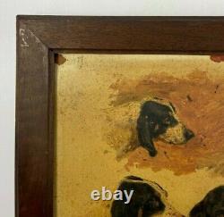 Oil On Cardboard 4 Hunting Dogs 1900 Natural Wood Frame B3018