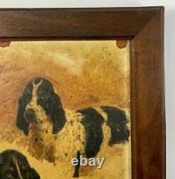Oil On Cardboard 4 Hunting Dogs 1900 Natural Wood Frame B3018