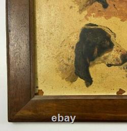 Oil On Cardboard 4 Hunting Dogs 1900 Natural Wood Frame B3018