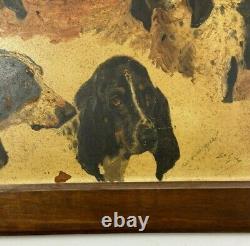 Oil On Cardboard 4 Hunting Dogs 1900 Natural Wood Frame B3018