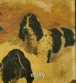 Oil On Cardboard 4 Hunting Dogs 1900 Natural Wood Frame B3018