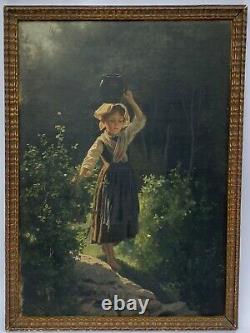 Oil On Carton Young Girl A La Cruche Late XIX Eme Under Wood Barbizon A4027