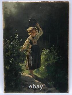 Oil On Carton Young Girl A La Cruche Late XIX Eme Under Wood Barbizon A4027