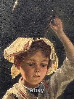 Oil On Carton Young Girl A La Cruche Late XIX Eme Under Wood Barbizon A4027