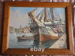 Oil On Marine Panel Port Boat - Boat Painting Signed Breval