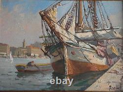 Oil On Marine Panel Port Boat - Boat Painting Signed Breval