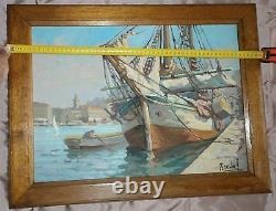 Oil On Marine Panel Port Boat - Boat Painting Signed Breval