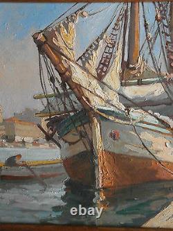 Oil On Marine Panel Port Boat - Boat Painting Signed Breval