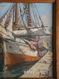 Oil On Marine Panel Port Boat - Boat Painting Signed Breval