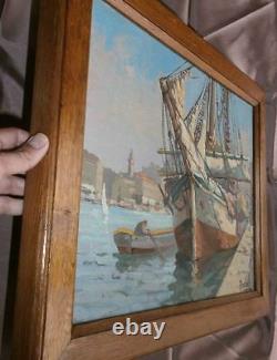 Oil On Marine Panel Port Boat - Boat Painting Signed Breval