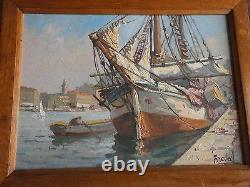 Oil On Marine Panel Port Boat - Boat Painting Signed Breval