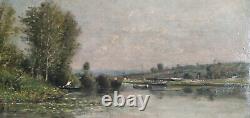 Oil On Old Wooden Panel Riverside Signed Felix Perret, Dim38x19 CM