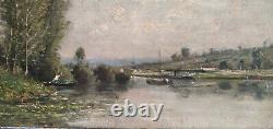 Oil On Old Wooden Panel Riverside Signed Felix Perret, Dim38x19 CM