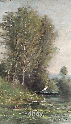 Oil On Old Wooden Panel Riverside Signed Felix Perret, Dim38x19 CM