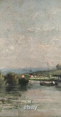 Oil On Old Wooden Panel Riverside Signed Felix Perret, Dim38x19 CM