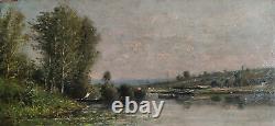 Oil On Old Wooden Panel Riverside Signed Felix Perret, Dim38x19 CM