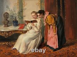 Oil On Panel 19th Scene Interior Young Women Reading