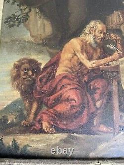Oil On Panel 19th St Jerome And Lion