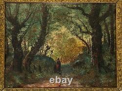 Oil On Panel Barbizon Late 19th Century Woman With Child Path Through Woods A4086