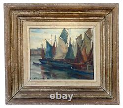 Oil On Panel By Emmy Leuze Hirschfled Fishing Boats Xxeme A4134