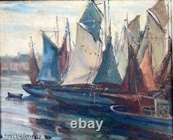 Oil On Panel By Emmy Leuze Hirschfled Fishing Boats Xxeme A4134