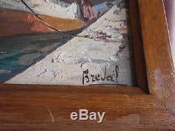 Oil On Panel Marine Port Boat & Boat Signed Painting Breval