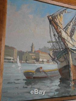 Oil On Panel Marine Port Boat & Boat Signed Painting Breval