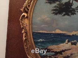 Oil On Panel Mediterranean Coast (italy) Wooden Frame And Golden Stucco